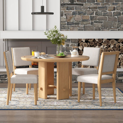 TREXM 5 - Piece Round Dining Table Set for 4, Minimalist Farmhouse Dining Table with 4 Solid Wood Upholstered Chairs, Kitchen & Dining Room Sets (Natural) - 1st Choice Furniture Direct