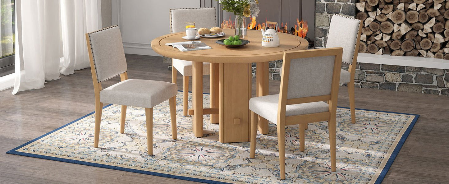 TREXM 5 - Piece Round Dining Table Set for 4, Minimalist Farmhouse Dining Table with 4 Solid Wood Upholstered Chairs, Kitchen & Dining Room Sets (Natural) - 1st Choice Furniture Direct