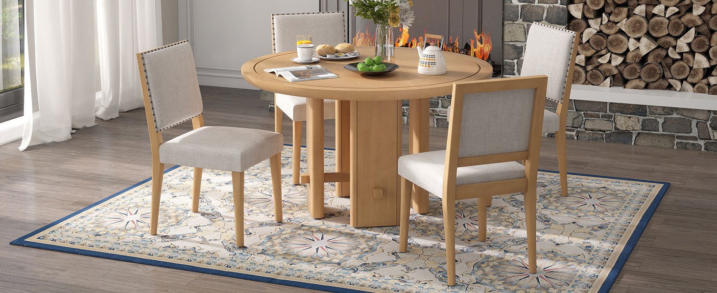 TREXM 5 - Piece Round Dining Table Set for 4, Minimalist Farmhouse Dining Table with 4 Solid Wood Upholstered Chairs, Kitchen & Dining Room Sets (Natural) - 1st Choice Furniture Direct