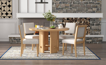 TREXM 5 - Piece Round Dining Table Set for 4, Minimalist Farmhouse Dining Table with 4 Solid Wood Upholstered Chairs, Kitchen & Dining Room Sets (Natural) - 1st Choice Furniture Direct