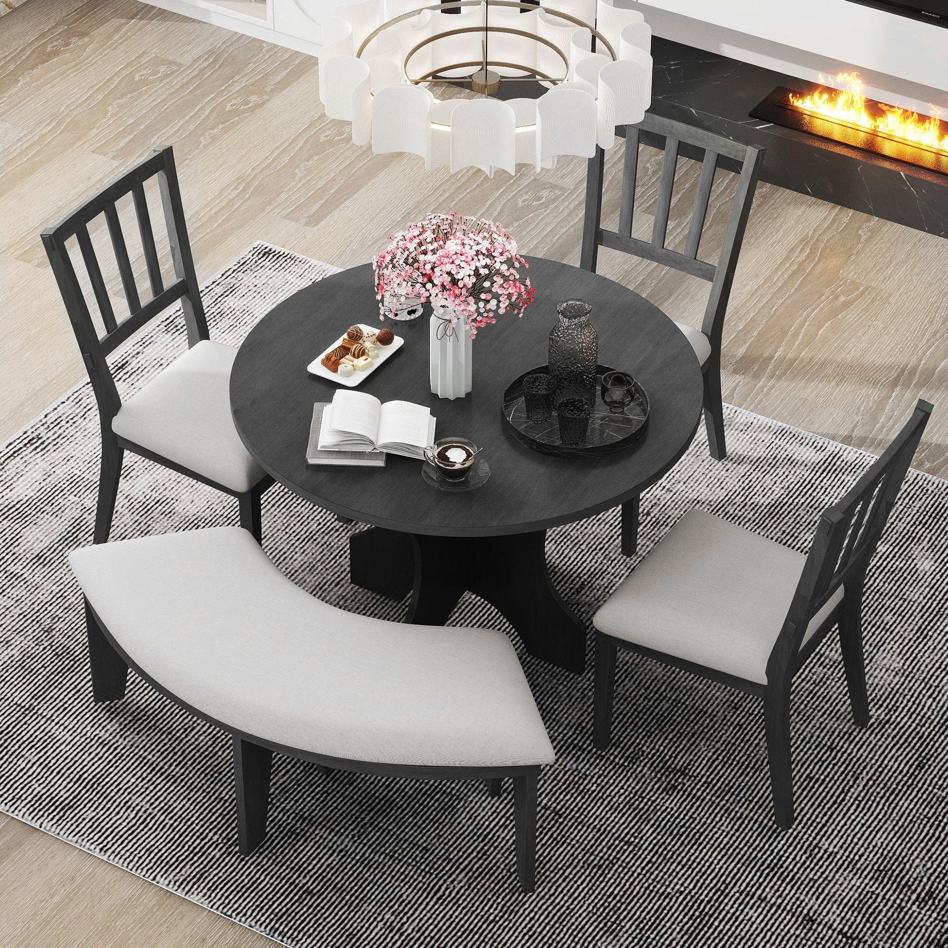TREXM 5 - piece Rustic Charm Round Dining Set with 3 Upholstered Chairs and Curved Bench for Dining Room, Kitchen and Living Room (Gray) - 1st Choice Furniture Direct