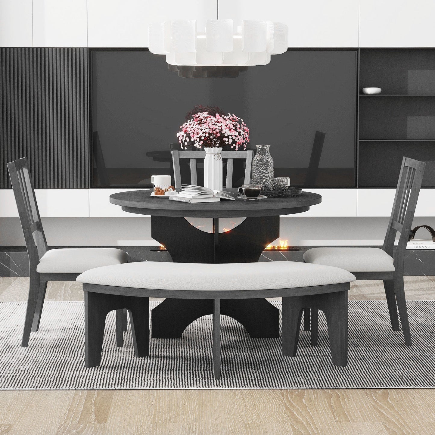 TREXM 5 - piece Rustic Charm Round Dining Set with 3 Upholstered Chairs and Curved Bench for Dining Room, Kitchen and Living Room (Gray) - 1st Choice Furniture Direct