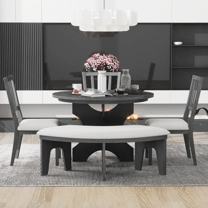 TREXM 5 - piece Rustic Charm Round Dining Set with 3 Upholstered Chairs and Curved Bench for Dining Room, Kitchen and Living Room (Gray) - 1st Choice Furniture Direct