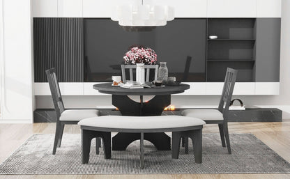 TREXM 5 - piece Rustic Charm Round Dining Set with 3 Upholstered Chairs and Curved Bench for Dining Room, Kitchen and Living Room (Gray) - 1st Choice Furniture Direct