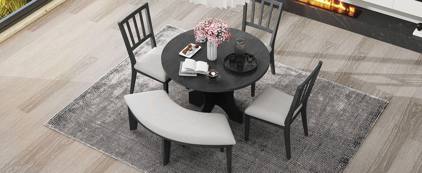 TREXM 5 - piece Rustic Charm Round Dining Set with 3 Upholstered Chairs and Curved Bench for Dining Room, Kitchen and Living Room (Gray) - 1st Choice Furniture Direct