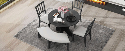TREXM 5 - piece Rustic Charm Round Dining Set with 3 Upholstered Chairs and Curved Bench for Dining Room, Kitchen and Living Room (Gray) - 1st Choice Furniture Direct