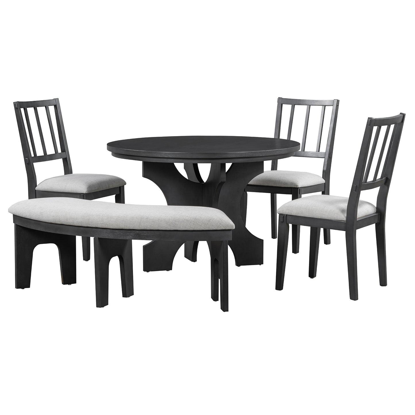 TREXM 5 - piece Rustic Charm Round Dining Set with 3 Upholstered Chairs and Curved Bench for Dining Room, Kitchen and Living Room (Gray) - 1st Choice Furniture Direct