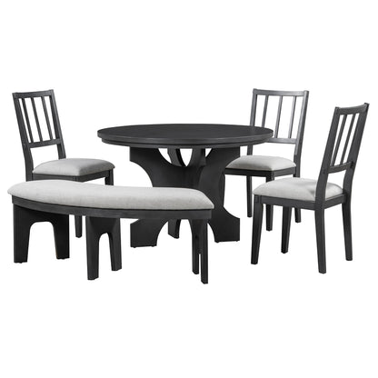 TREXM 5 - piece Rustic Charm Round Dining Set with 3 Upholstered Chairs and Curved Bench for Dining Room, Kitchen and Living Room (Gray) - 1st Choice Furniture Direct
