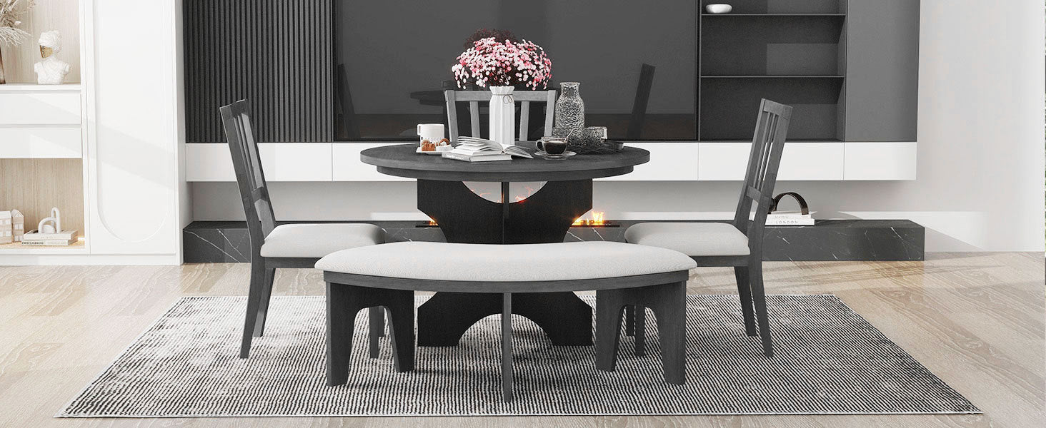 TREXM 5 - piece Rustic Charm Round Dining Set with 3 Upholstered Chairs and Curved Bench for Dining Room, Kitchen and Living Room (Gray) - 1st Choice Furniture Direct