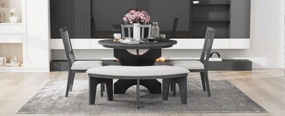 TREXM 5 - piece Rustic Charm Round Dining Set with 3 Upholstered Chairs and Curved Bench for Dining Room, Kitchen and Living Room (Gray) - 1st Choice Furniture Direct