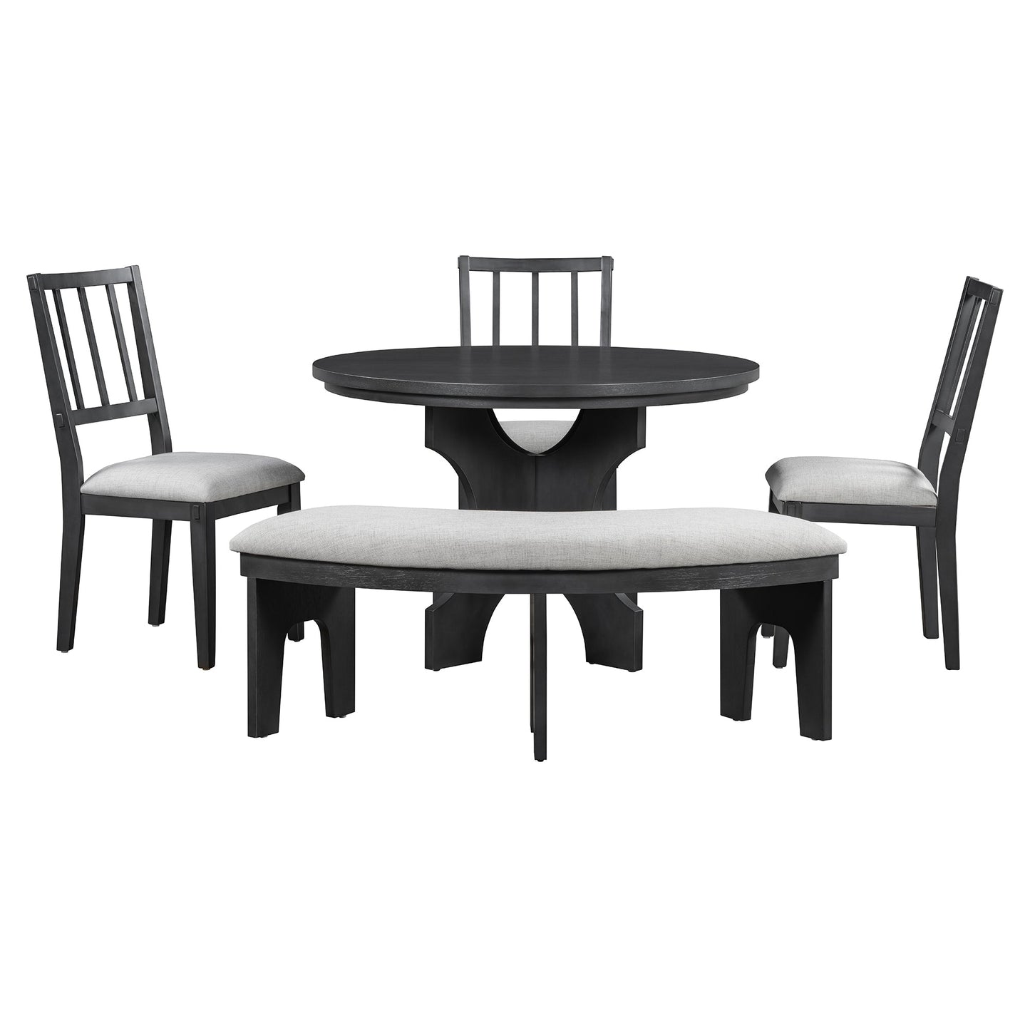 TREXM 5 - piece Rustic Charm Round Dining Set with 3 Upholstered Chairs and Curved Bench for Dining Room, Kitchen and Living Room (Gray) - 1st Choice Furniture Direct