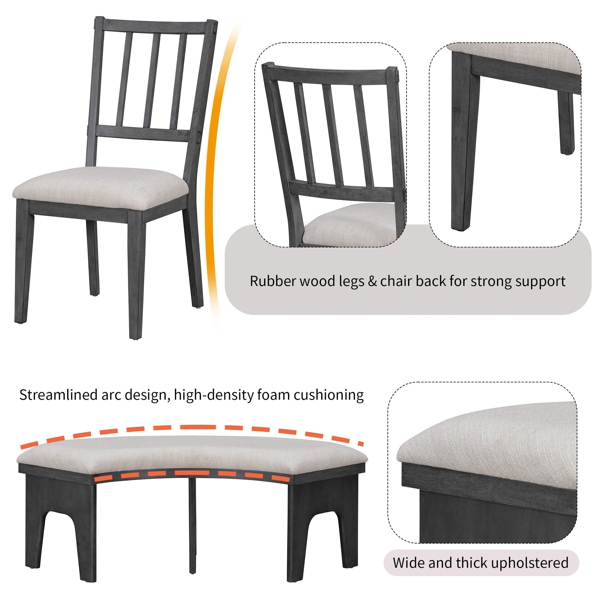 TREXM 5 - piece Rustic Charm Round Dining Set with 3 Upholstered Chairs and Curved Bench for Dining Room, Kitchen and Living Room (Gray) - 1st Choice Furniture Direct