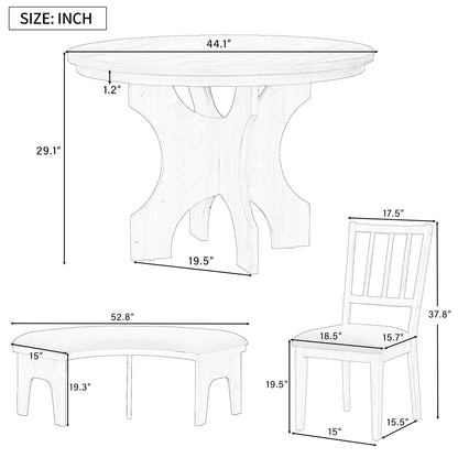 TREXM 5 - piece Rustic Charm Round Dining Set with 3 Upholstered Chairs and Curved Bench for Dining Room, Kitchen and Living Room (Gray) - 1st Choice Furniture Direct