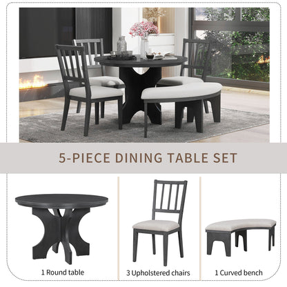 TREXM 5 - piece Rustic Charm Round Dining Set with 3 Upholstered Chairs and Curved Bench for Dining Room, Kitchen and Living Room (Gray) - 1st Choice Furniture Direct