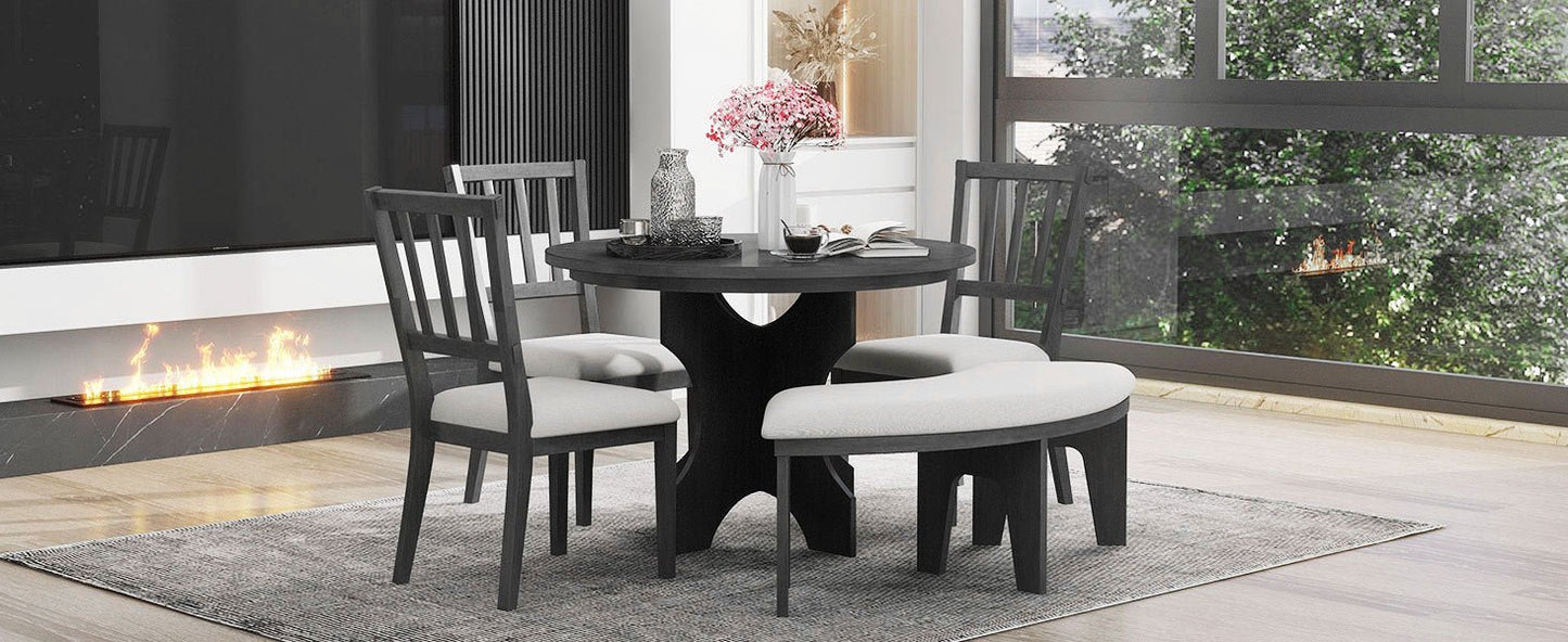 TREXM 5 - piece Rustic Charm Round Dining Set with 3 Upholstered Chairs and Curved Bench for Dining Room, Kitchen and Living Room (Gray) - 1st Choice Furniture Direct