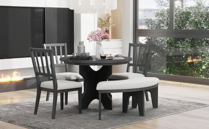 TREXM 5 - piece Rustic Charm Round Dining Set with 3 Upholstered Chairs and Curved Bench for Dining Room, Kitchen and Living Room (Gray) - 1st Choice Furniture Direct