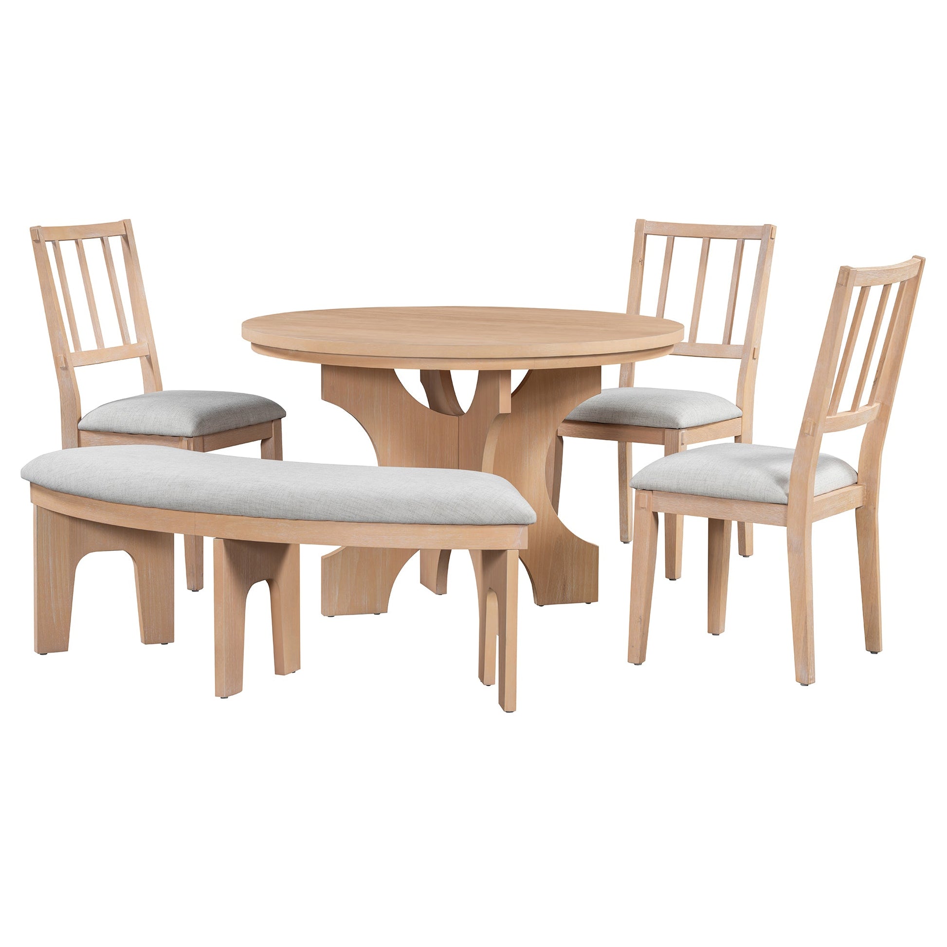 TREXM 5 - piece Rustic Charm Round Dining Set with 3 Upholstered Chairs and Curved Bench for Dining Room, Kitchen and Living Room (Natural) - 1st Choice Furniture Direct