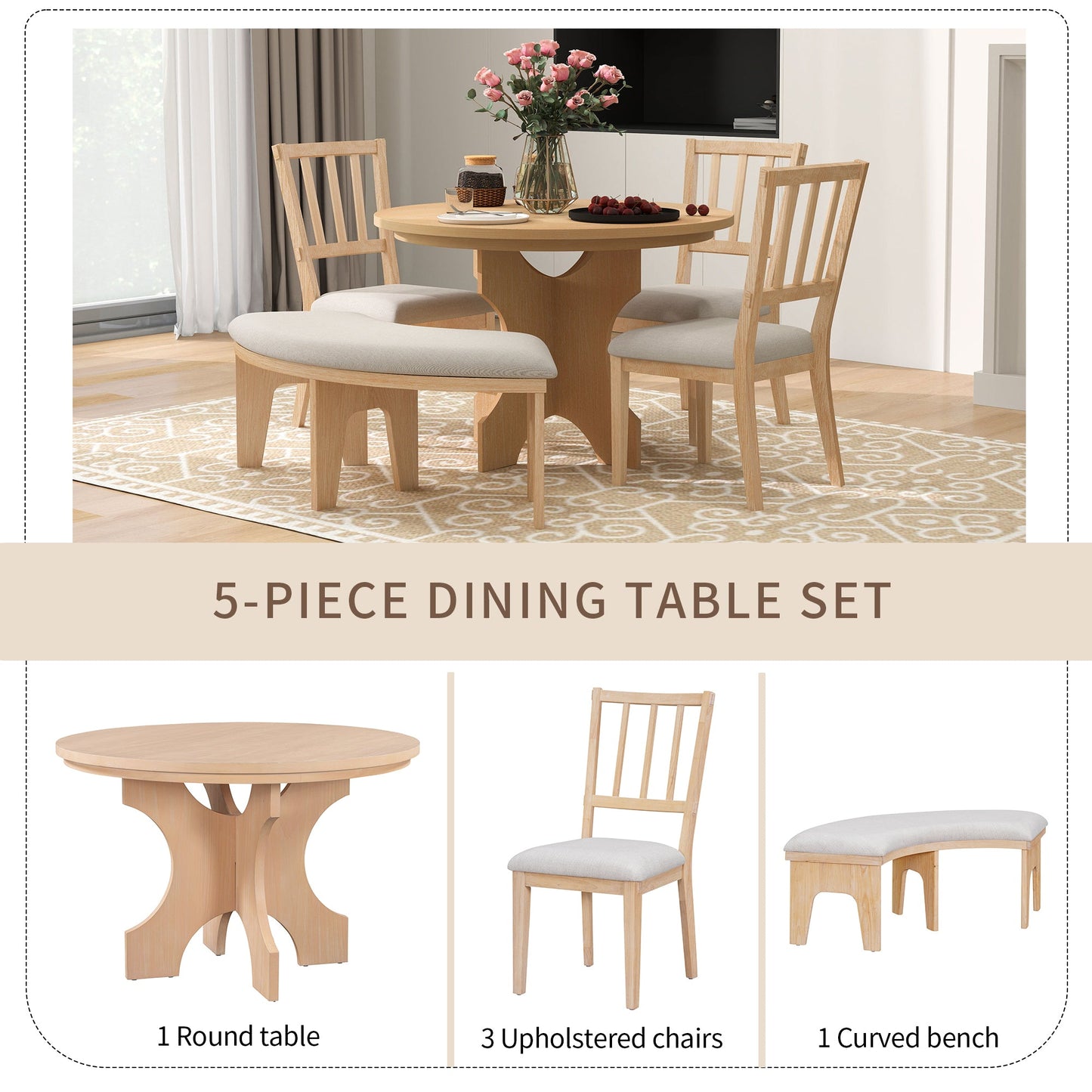 TREXM 5 - piece Rustic Charm Round Dining Set with 3 Upholstered Chairs and Curved Bench for Dining Room, Kitchen and Living Room (Natural) - 1st Choice Furniture Direct