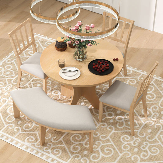 TREXM 5 - piece Rustic Charm Round Dining Set with 3 Upholstered Chairs and Curved Bench for Dining Room, Kitchen and Living Room (Natural) - 1st Choice Furniture Direct