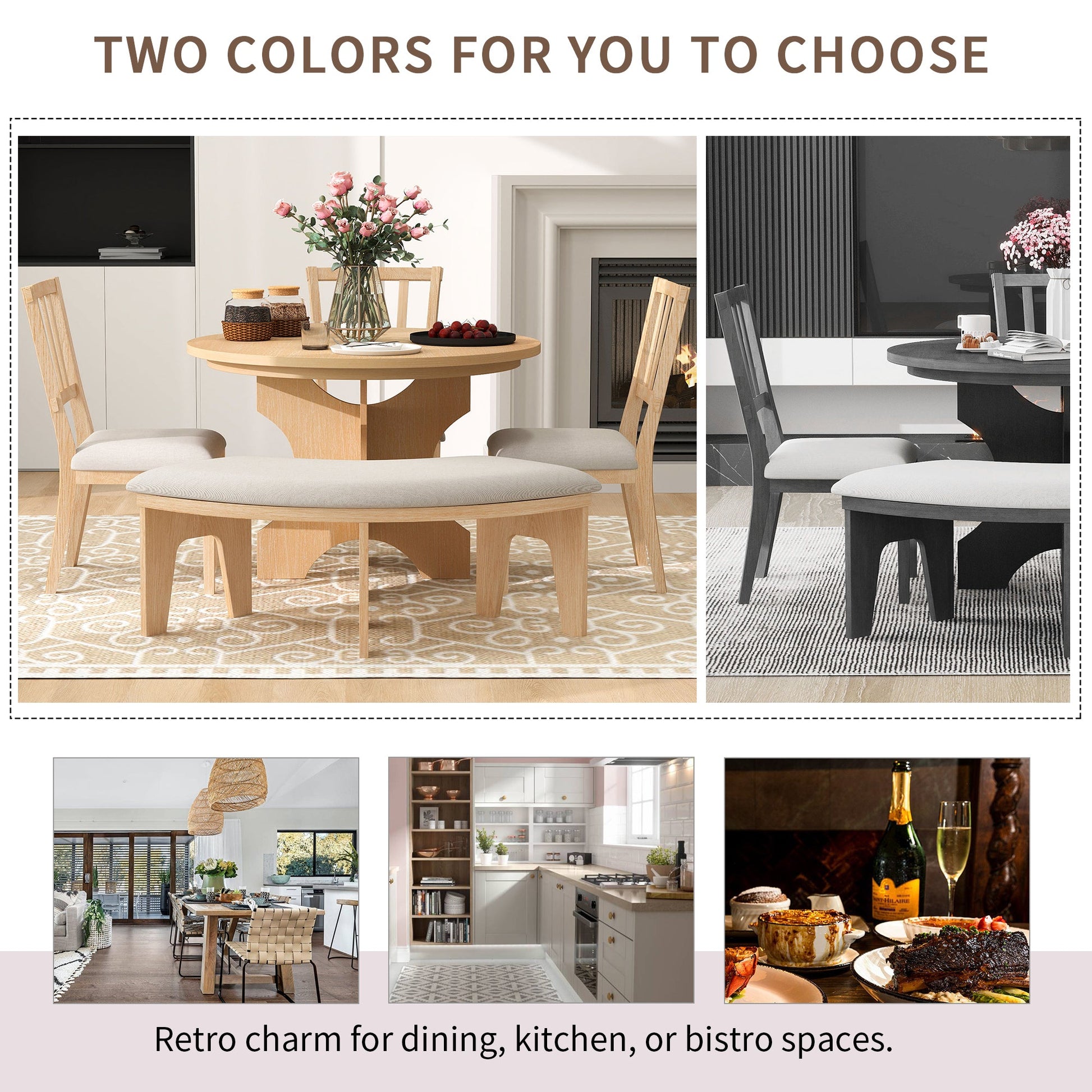 TREXM 5 - piece Rustic Charm Round Dining Set with 3 Upholstered Chairs and Curved Bench for Dining Room, Kitchen and Living Room (Natural) - 1st Choice Furniture Direct