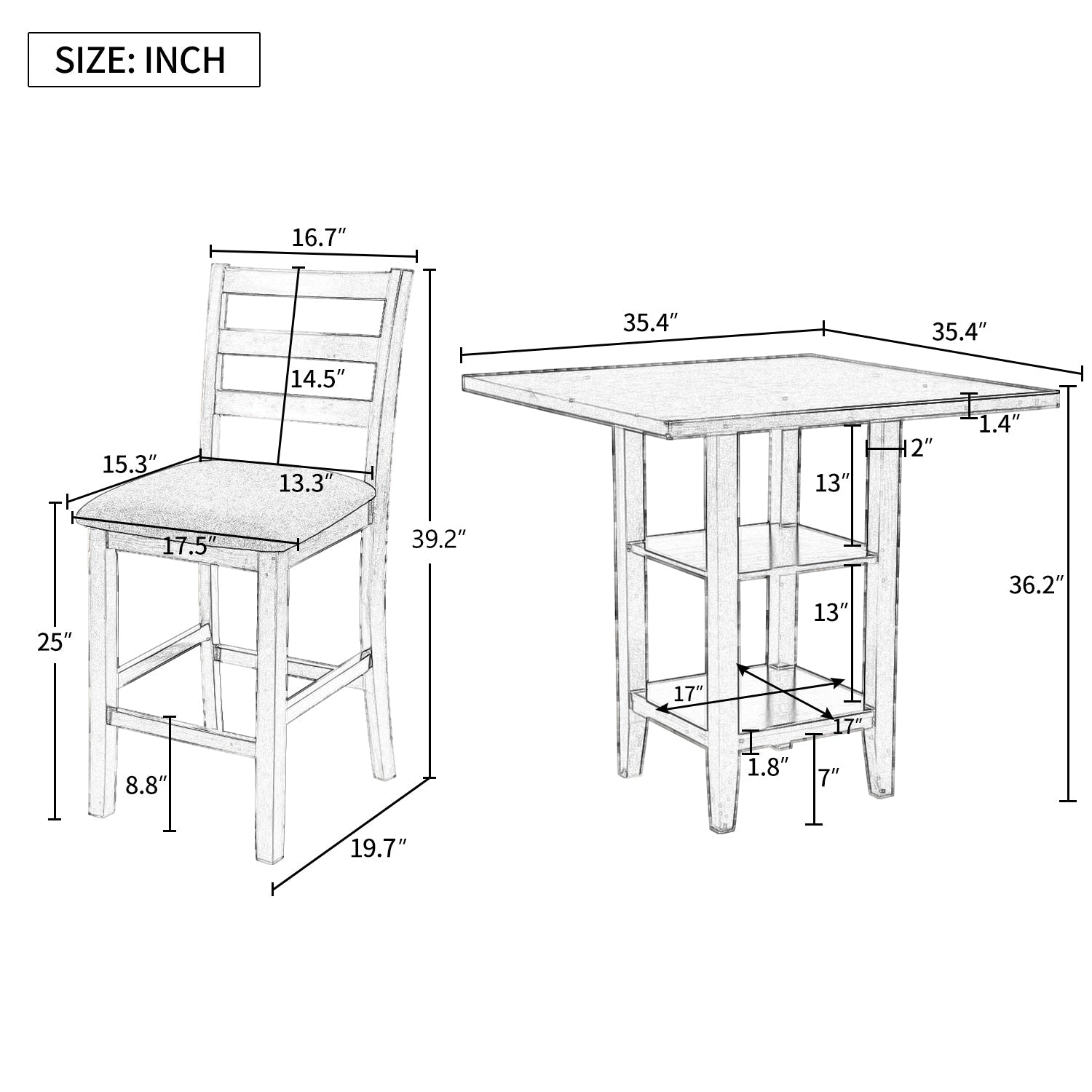 TREXM 5 - Piece Wooden Counter Height Dining Set with Padded Chairs, Storage Shelving, Gray Finish - 1st Choice Furniture Direct