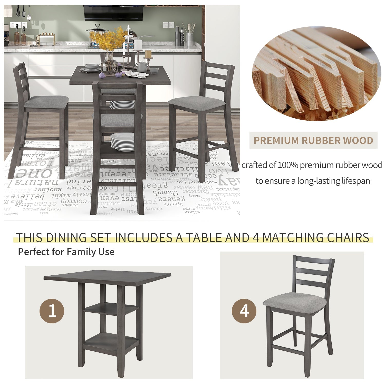 TREXM 5 - Piece Wooden Counter Height Dining Set with Padded Chairs, Storage Shelving, Gray Finish - 1st Choice Furniture Direct