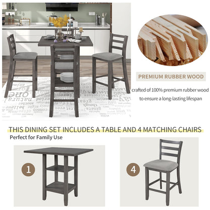TREXM 5 - Piece Wooden Counter Height Dining Set with Padded Chairs, Storage Shelving, Gray Finish - 1st Choice Furniture Direct