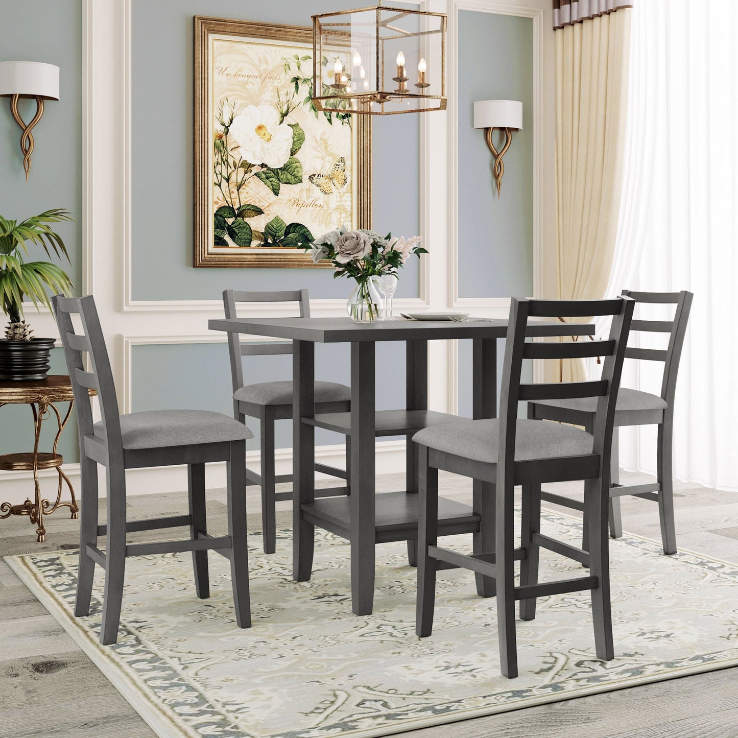 TREXM 5 - Piece Wooden Counter Height Dining Set with Padded Chairs, Storage Shelving, Gray Finish - 1st Choice Furniture Direct