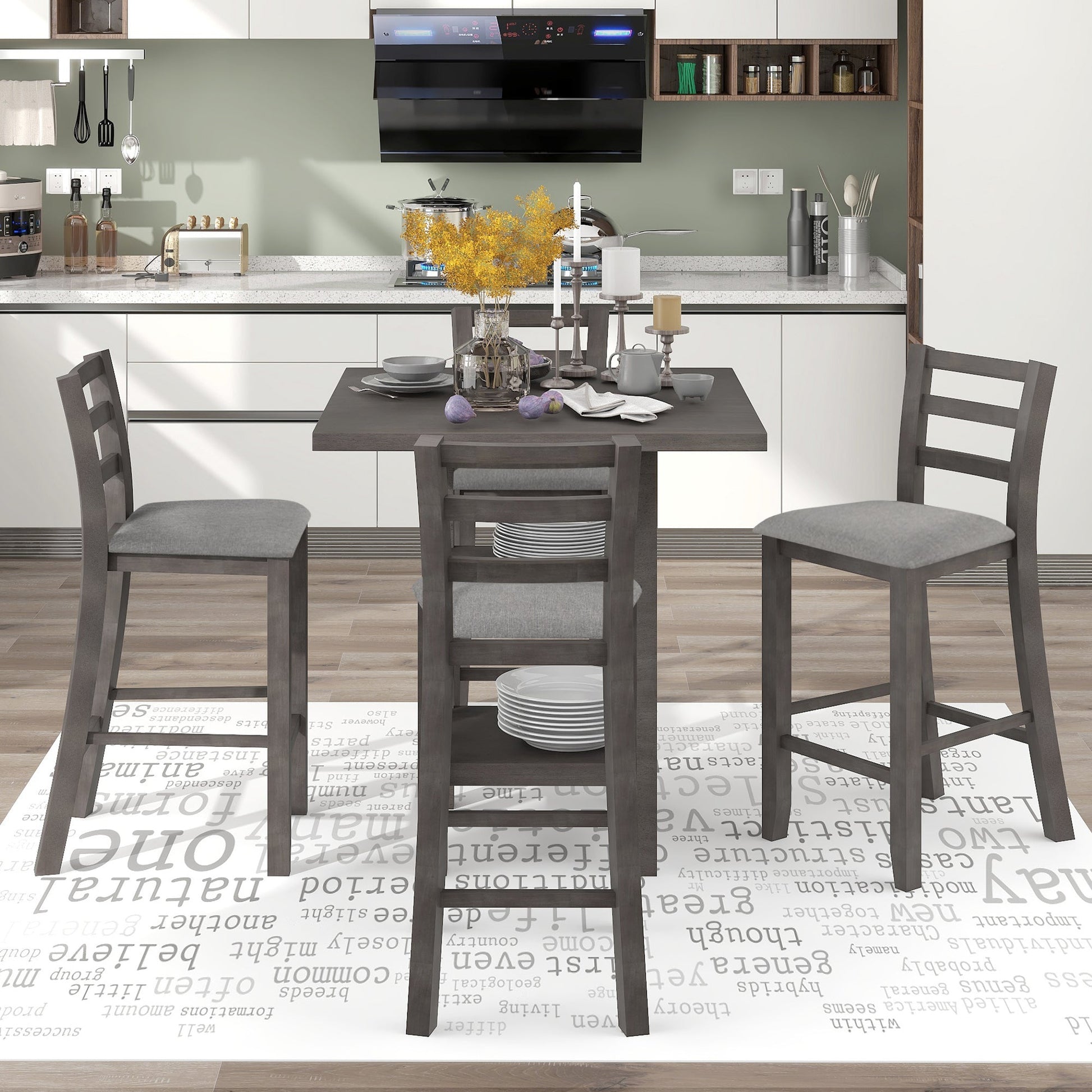 TREXM 5 - Piece Wooden Counter Height Dining Set with Padded Chairs, Storage Shelving, Gray Finish - 1st Choice Furniture Direct