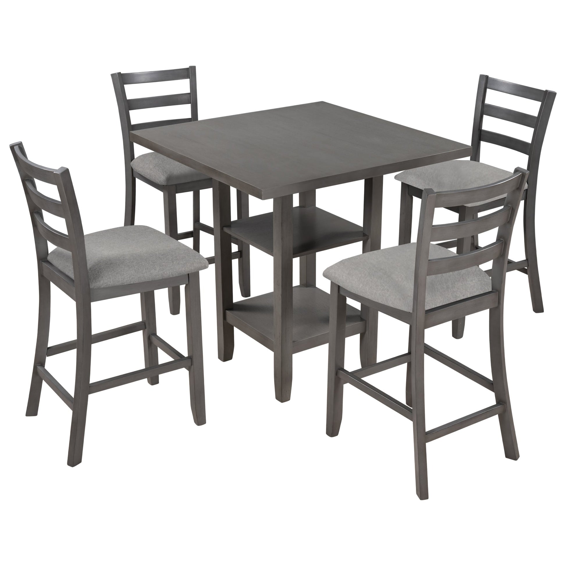 TREXM 5 - Piece Wooden Counter Height Dining Set with Padded Chairs, Storage Shelving, Gray Finish - 1st Choice Furniture Direct