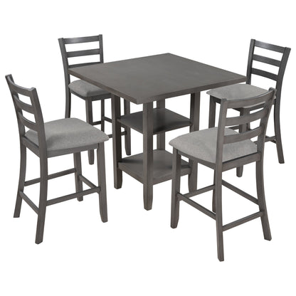 TREXM 5 - Piece Wooden Counter Height Dining Set with Padded Chairs, Storage Shelving, Gray Finish - 1st Choice Furniture Direct