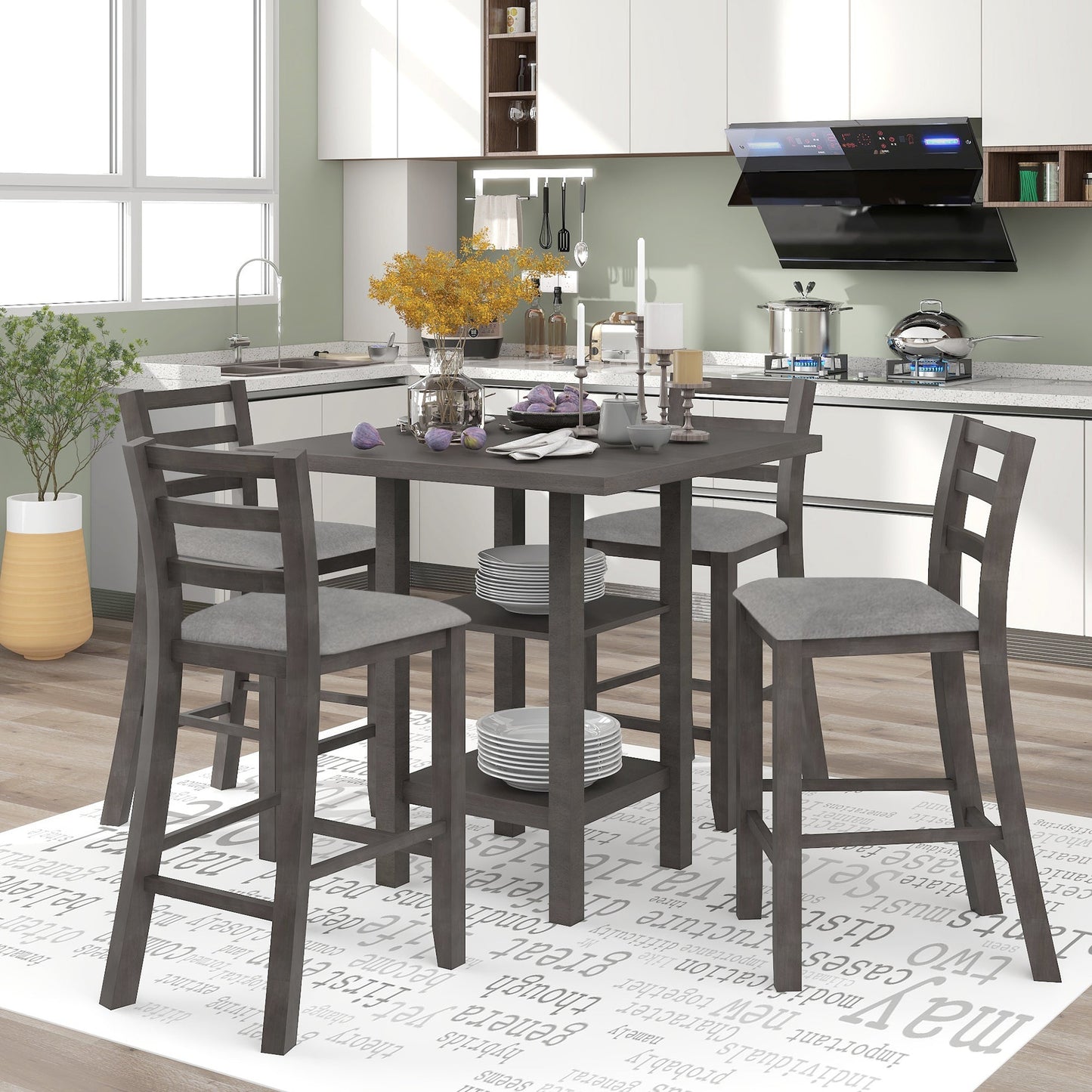 TREXM 5 - Piece Wooden Counter Height Dining Set with Padded Chairs, Storage Shelving, Gray Finish - 1st Choice Furniture Direct