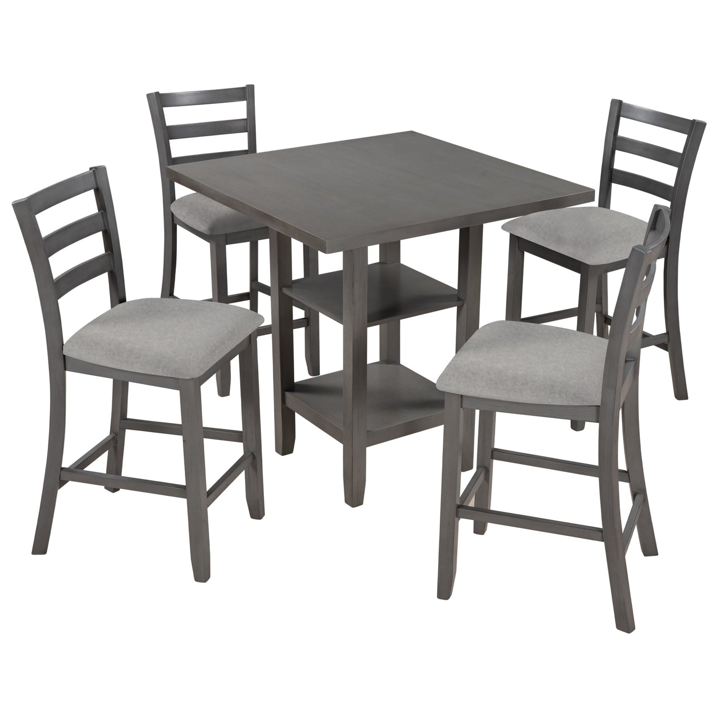 TREXM 5 - Piece Wooden Counter Height Dining Set with Padded Chairs, Storage Shelving, Gray Finish - 1st Choice Furniture Direct