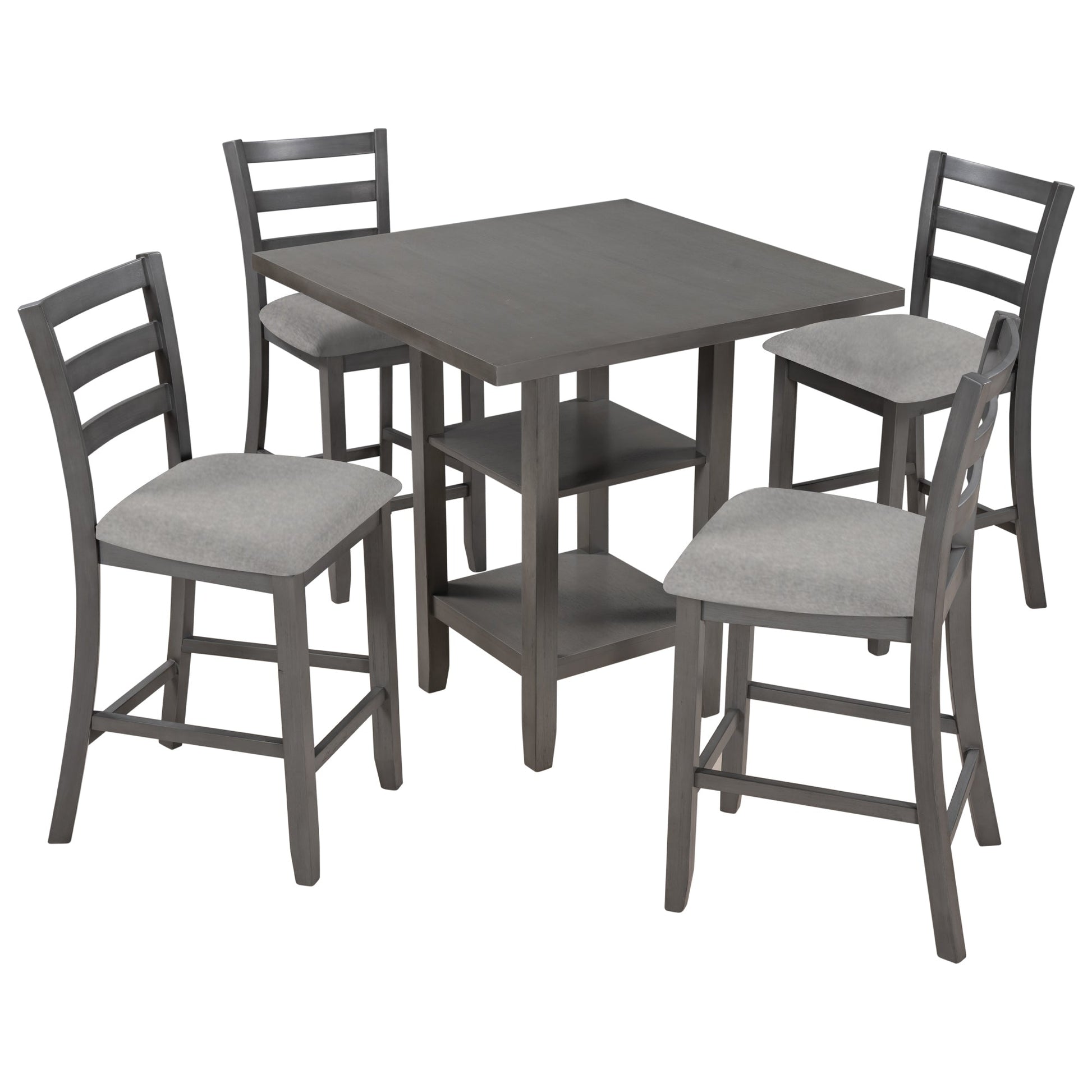 TREXM 5 - Piece Wooden Counter Height Dining Set with Padded Chairs, Storage Shelving, Gray Finish - 1st Choice Furniture Direct