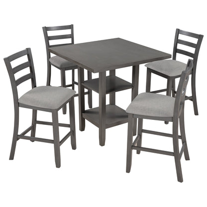 TREXM 5 - Piece Wooden Counter Height Dining Set with Padded Chairs, Storage Shelving, Gray Finish - 1st Choice Furniture Direct