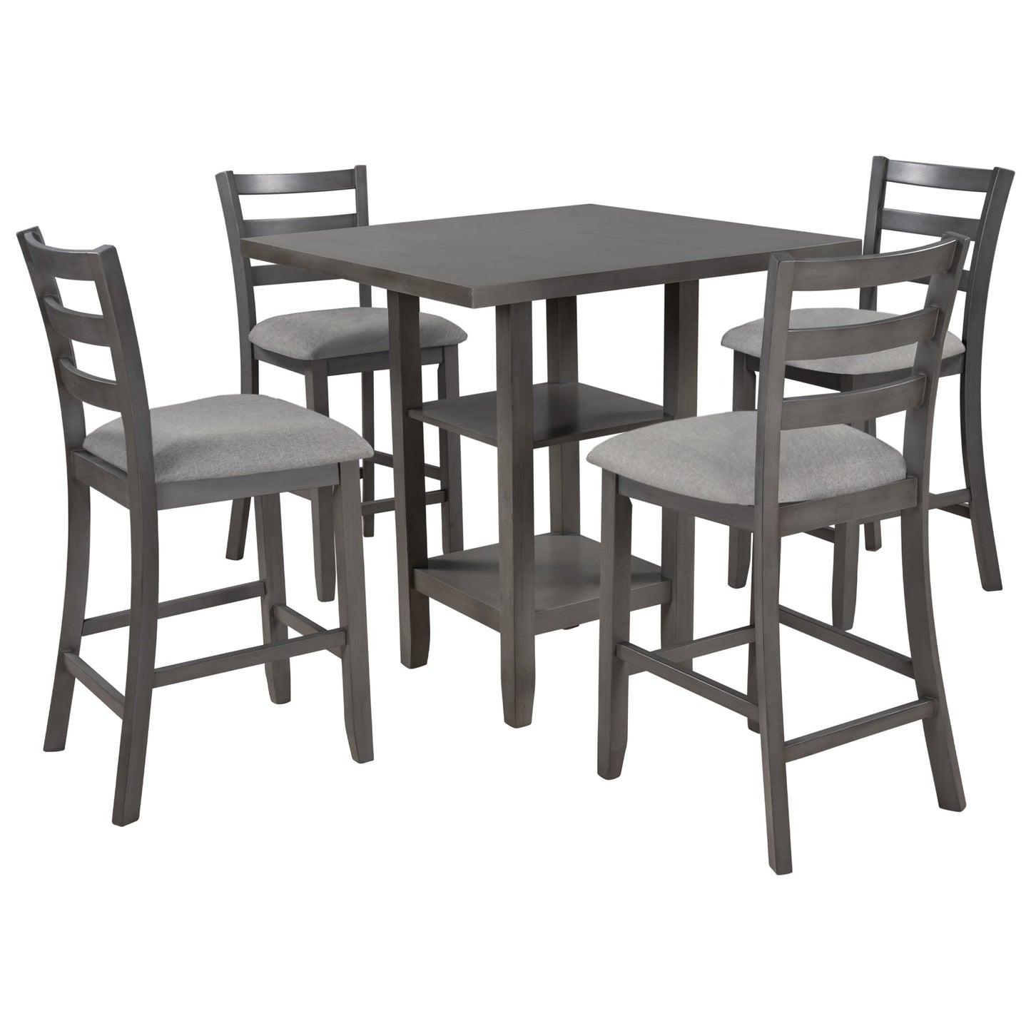 TREXM 5 - Piece Wooden Counter Height Dining Set with Padded Chairs, Storage Shelving, Gray Finish - 1st Choice Furniture Direct
