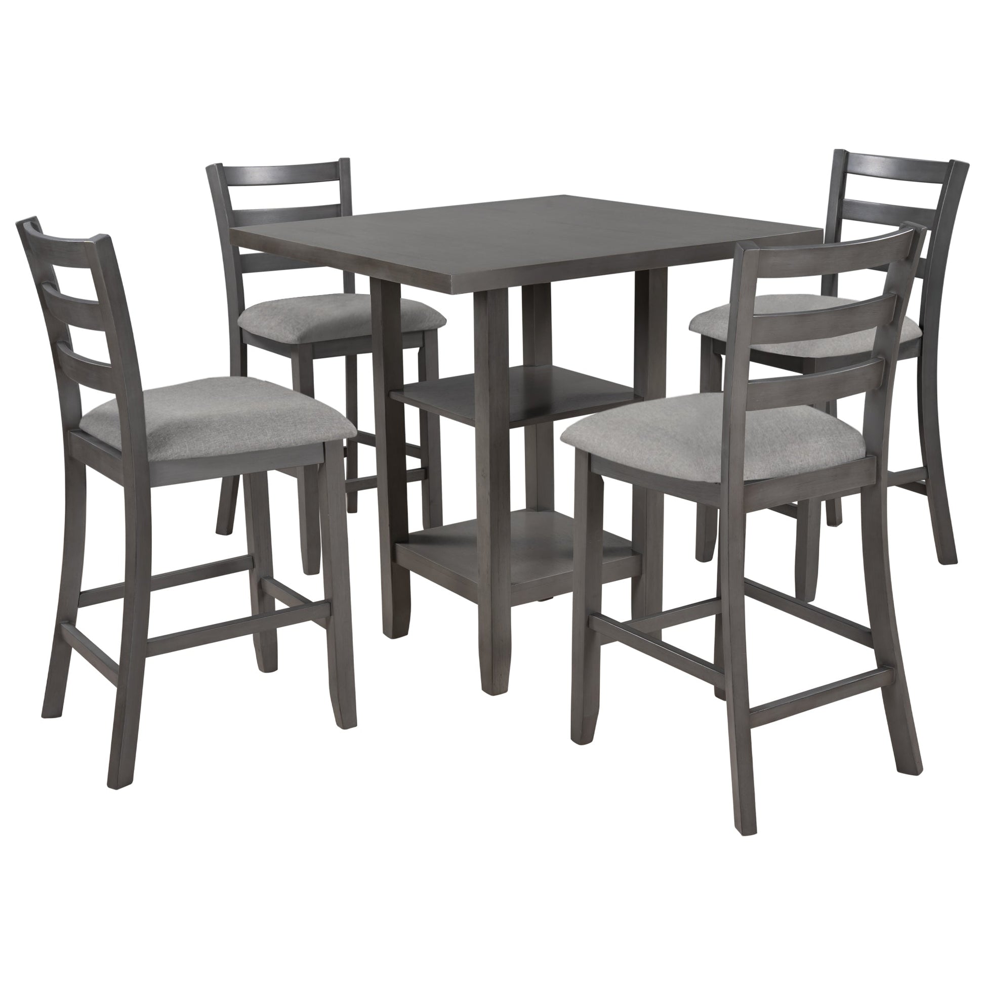 TREXM 5 - Piece Wooden Counter Height Dining Set with Padded Chairs, Storage Shelving, Gray Finish - 1st Choice Furniture Direct