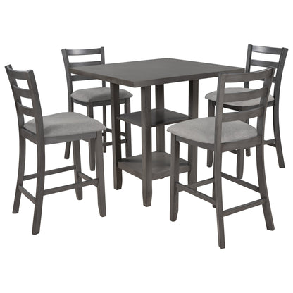 TREXM 5 - Piece Wooden Counter Height Dining Set with Padded Chairs, Storage Shelving, Gray Finish - 1st Choice Furniture Direct
