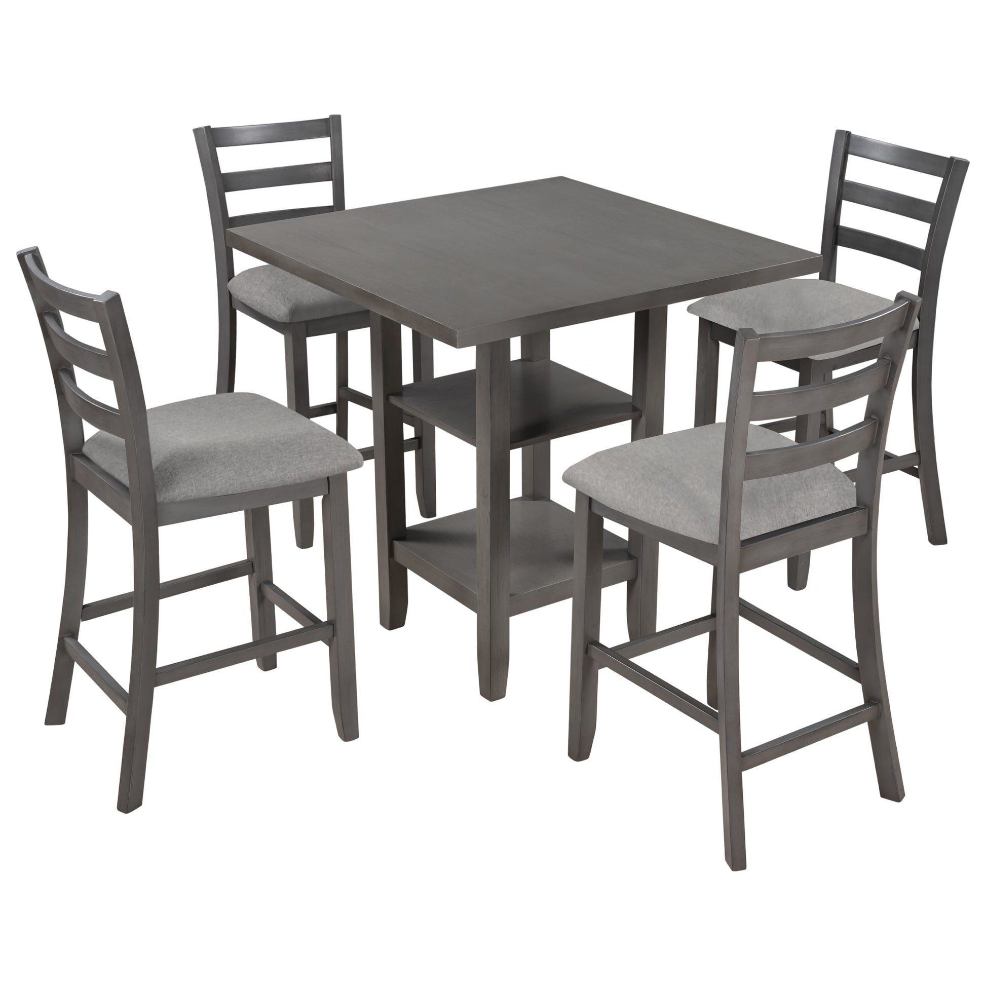 TREXM 5 - Piece Wooden Counter Height Dining Set with Padded Chairs, Storage Shelving, Gray Finish - 1st Choice Furniture Direct