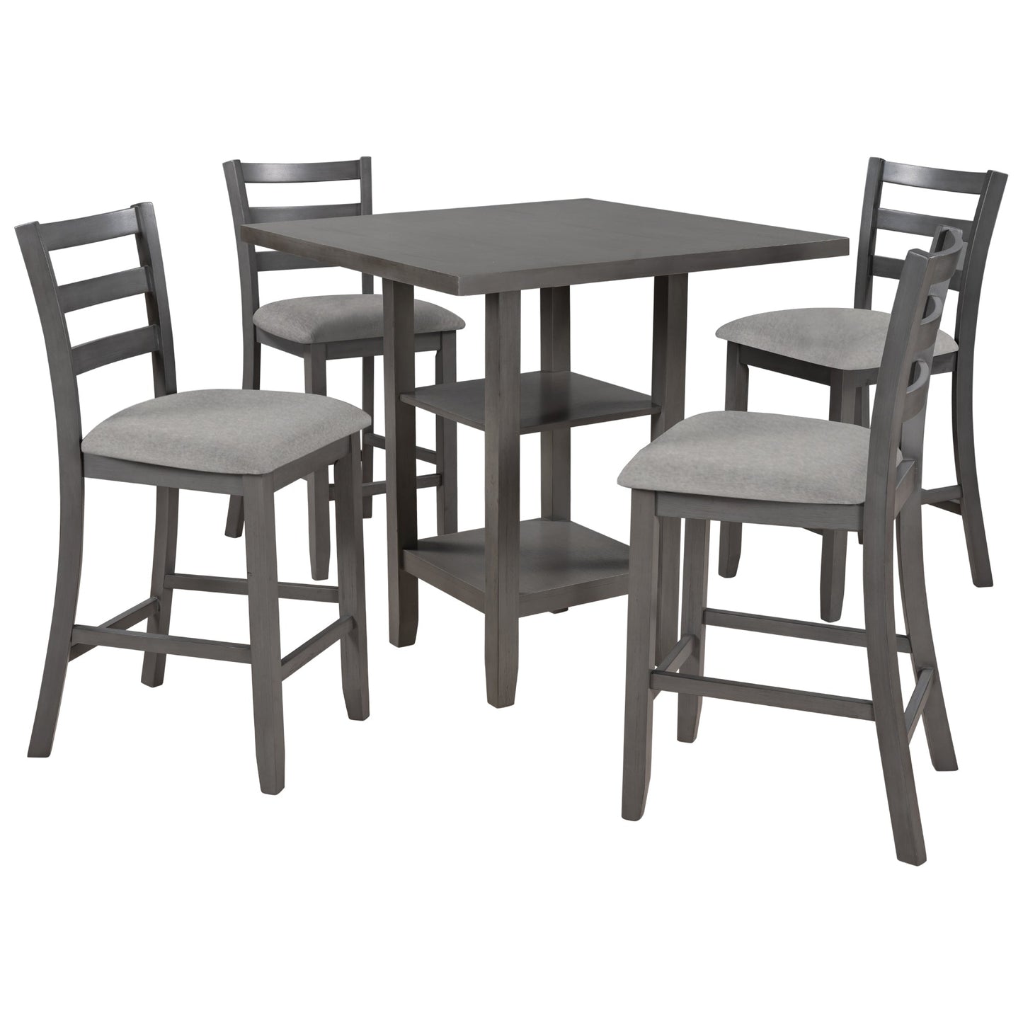 TREXM 5 - Piece Wooden Counter Height Dining Set with Padded Chairs, Storage Shelving, Gray Finish - 1st Choice Furniture Direct