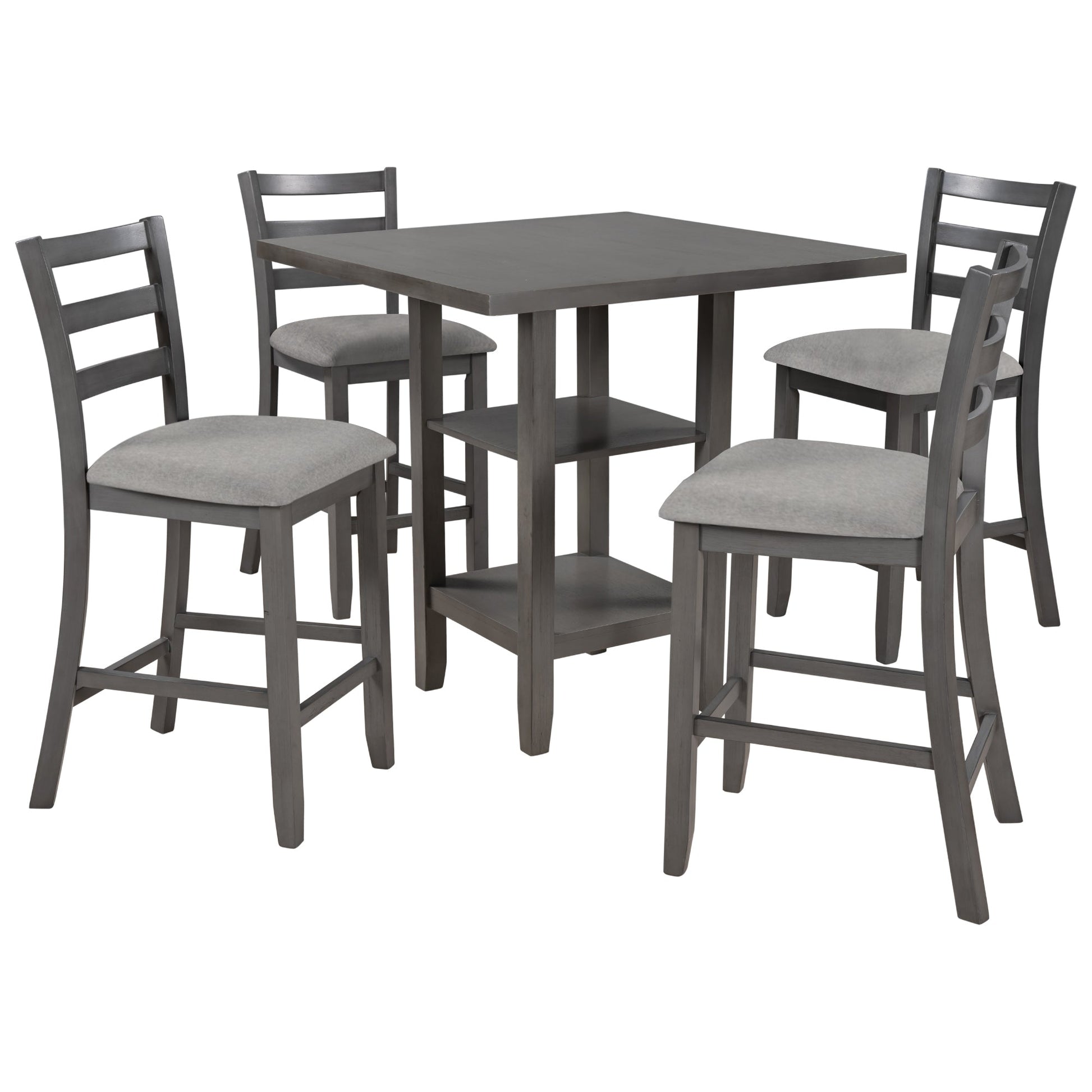 TREXM 5 - Piece Wooden Counter Height Dining Set with Padded Chairs, Storage Shelving, Gray Finish - 1st Choice Furniture Direct
