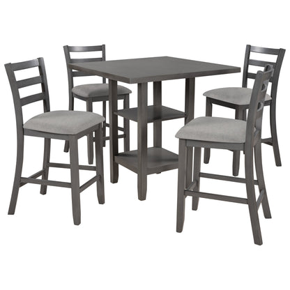 TREXM 5 - Piece Wooden Counter Height Dining Set with Padded Chairs, Storage Shelving, Gray Finish - 1st Choice Furniture Direct
