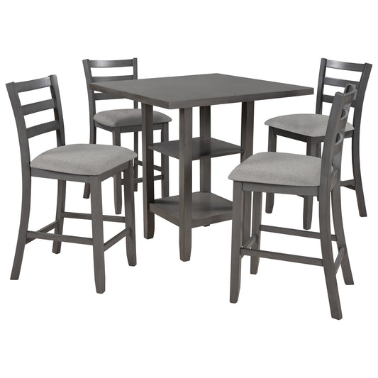 TREXM 5 - Piece Wooden Counter Height Dining Set with Padded Chairs, Storage Shelving, Gray Finish - 1st Choice Furniture Direct