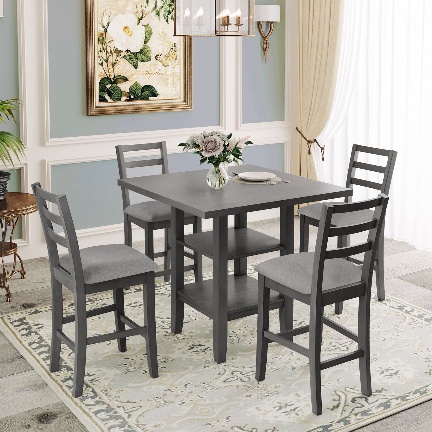 TREXM 5 - Piece Wooden Counter Height Dining Set with Padded Chairs, Storage Shelving, Gray Finish - 1st Choice Furniture Direct