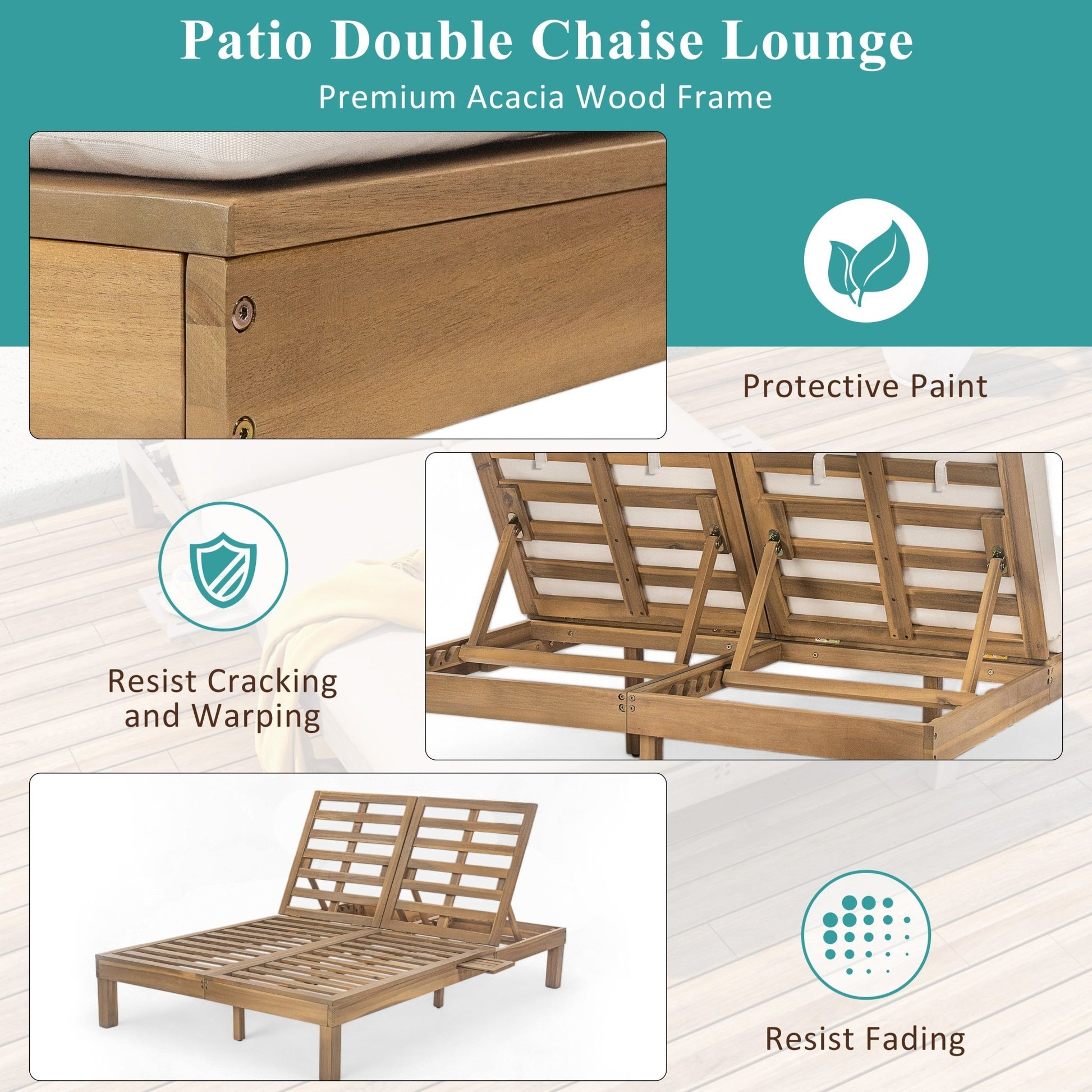 TREXM 5 - Position Adjustable Backrest Double Chaise Lounge Outdoor, Outdoor Chaise Lounge with Cushion and Folding Side Trays for 2 People, Patio Double Chaise Lounge for Poolside Garden, Light Teak - 1st Choice Furniture Direct