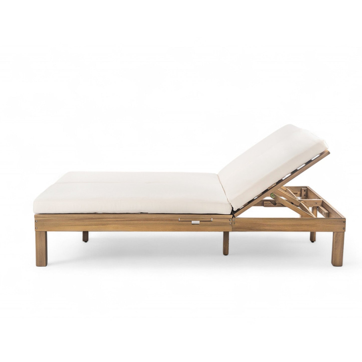 TREXM 5 - Position Adjustable Backrest Double Chaise Lounge Outdoor, Outdoor Chaise Lounge with Cushion and Folding Side Trays for 2 People, Patio Double Chaise Lounge for Poolside Garden, Light Teak - 1st Choice Furniture Direct