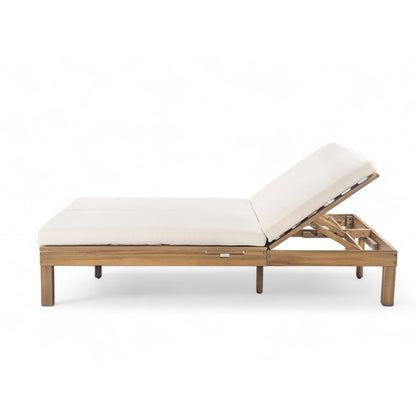 TREXM 5 - Position Adjustable Backrest Double Chaise Lounge Outdoor, Outdoor Chaise Lounge with Cushion and Folding Side Trays for 2 People, Patio Double Chaise Lounge for Poolside Garden, Light Teak - 1st Choice Furniture Direct