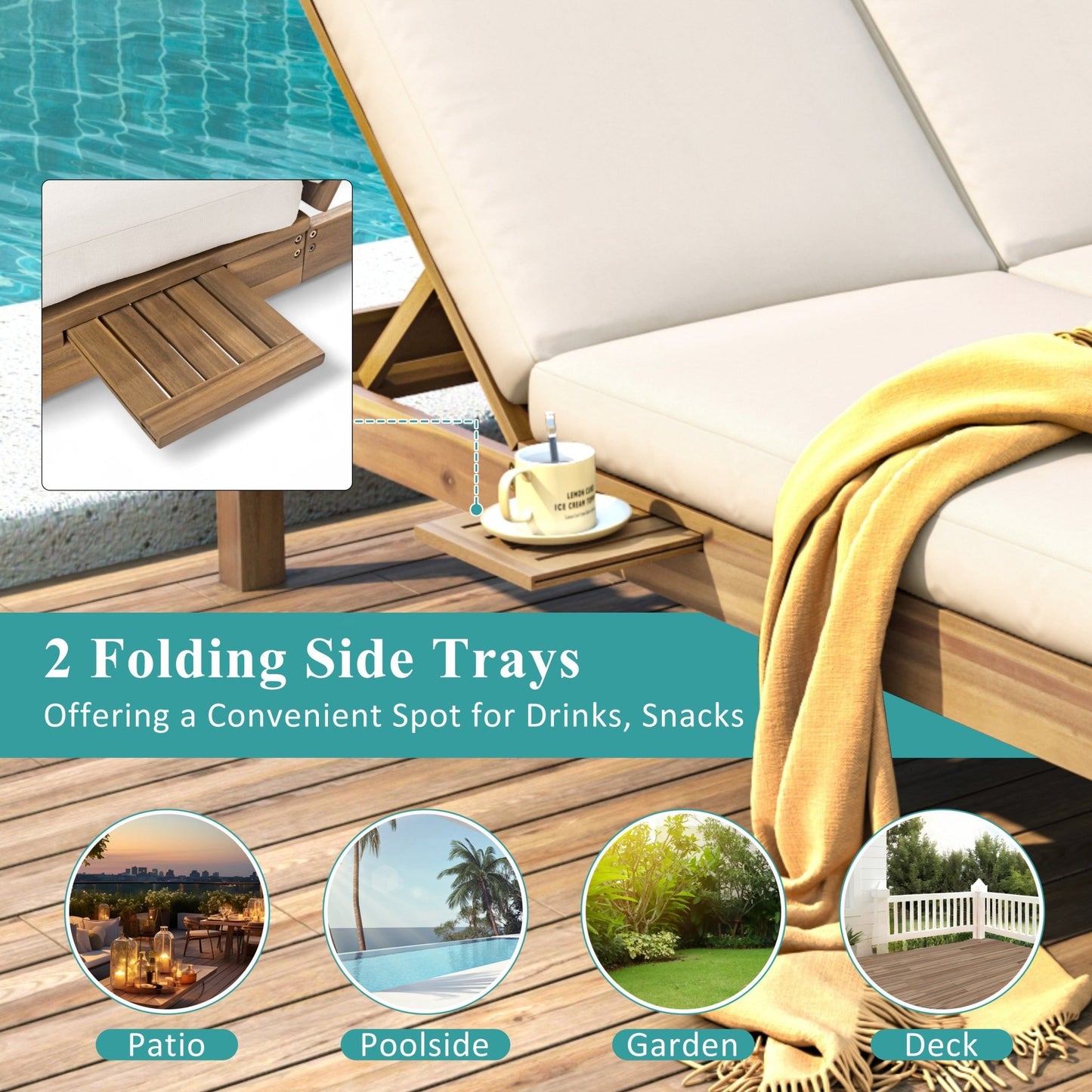 TREXM 5 - Position Adjustable Backrest Double Chaise Lounge Outdoor, Outdoor Chaise Lounge with Cushion and Folding Side Trays for 2 People, Patio Double Chaise Lounge for Poolside Garden, Light Teak - 1st Choice Furniture Direct