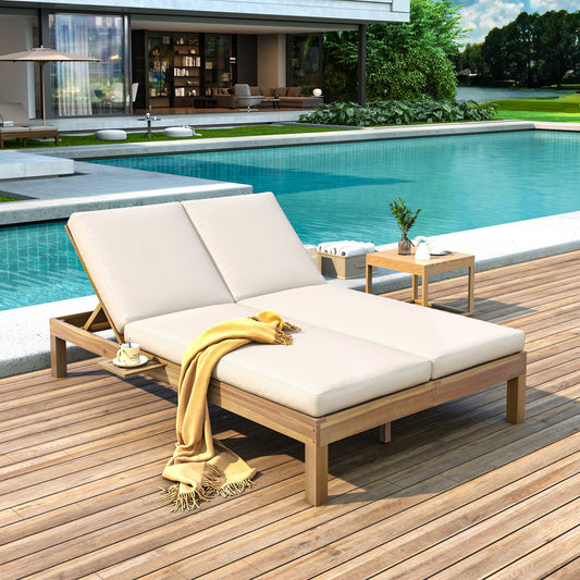 TREXM 5 - Position Adjustable Backrest Double Chaise Lounge Outdoor, Outdoor Chaise Lounge with Cushion and Folding Side Trays for 2 People, Patio Double Chaise Lounge for Poolside Garden, Light Teak - 1st Choice Furniture Direct