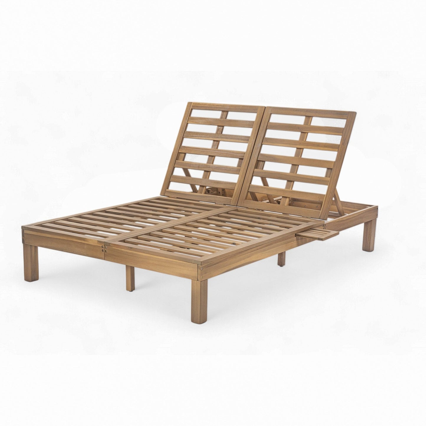 TREXM 5 - Position Adjustable Backrest Double Chaise Lounge Outdoor, Outdoor Chaise Lounge with Cushion and Folding Side Trays for 2 People, Patio Double Chaise Lounge for Poolside Garden, Light Teak - 1st Choice Furniture Direct